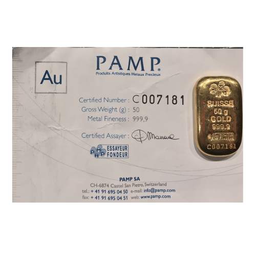 50 gram .999 Gold Pamp Bar