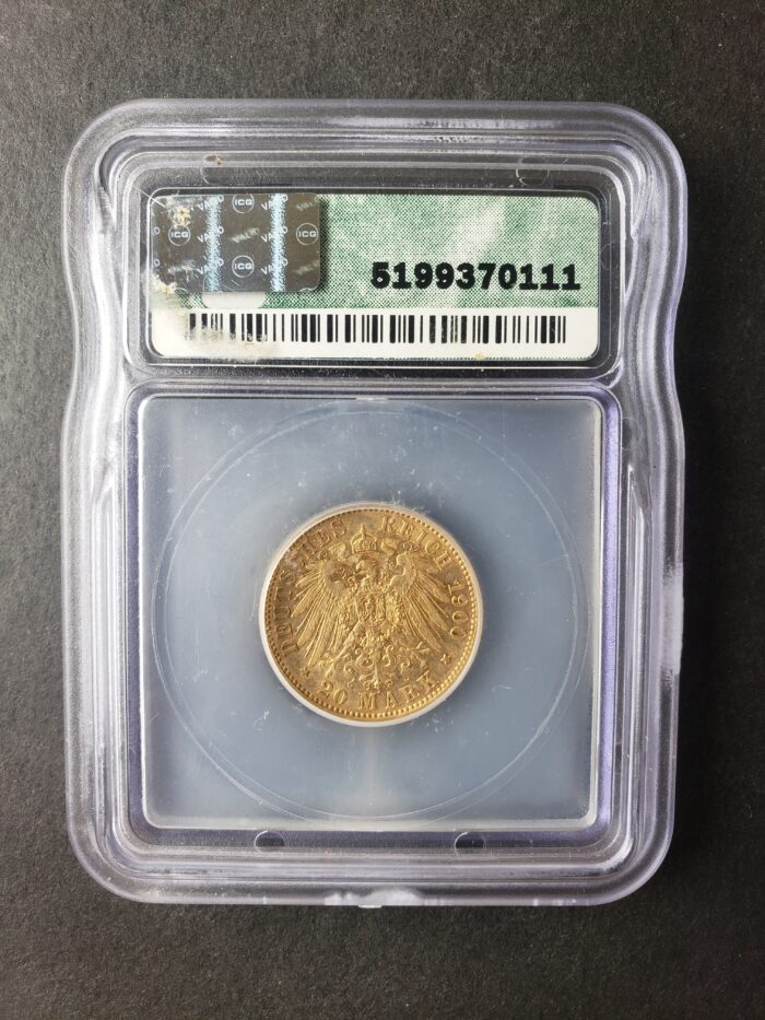 1900 A German States 20 Mark Gold Wilhelm II ICG AU53 - Image 2