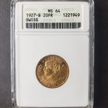 1927 B Switzerland 20 Francs Gold Coin ANACS MS64