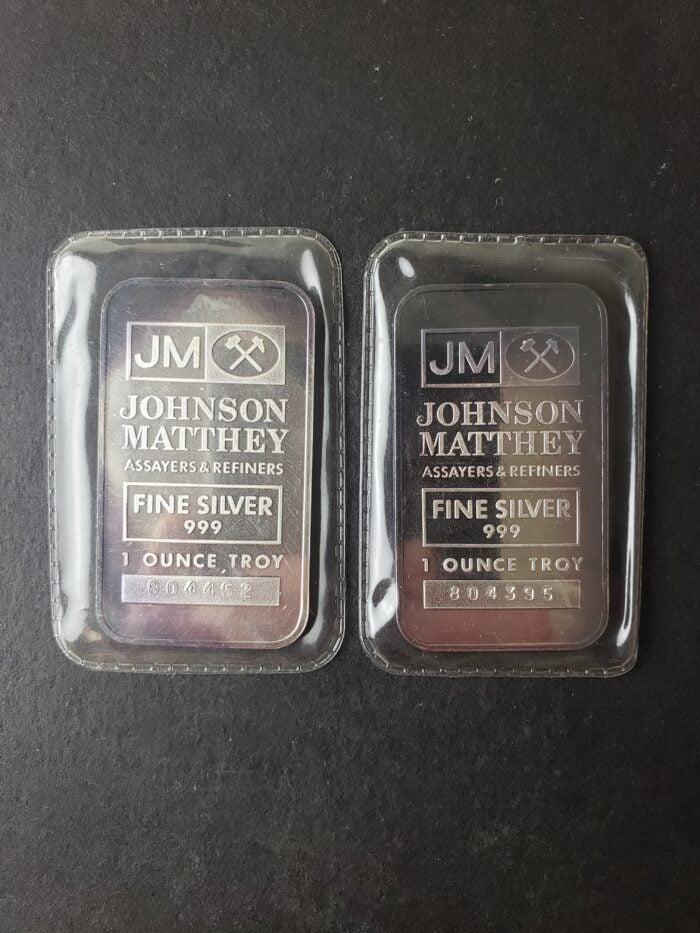 Two Johnson Matthey 1oz Silver Bars in Plastics