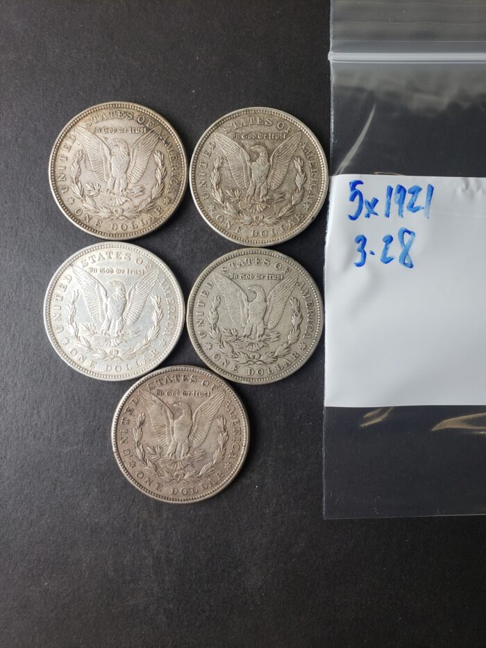 Lot of Five 1921 $1 Morgan Silver Dollars - Image 3