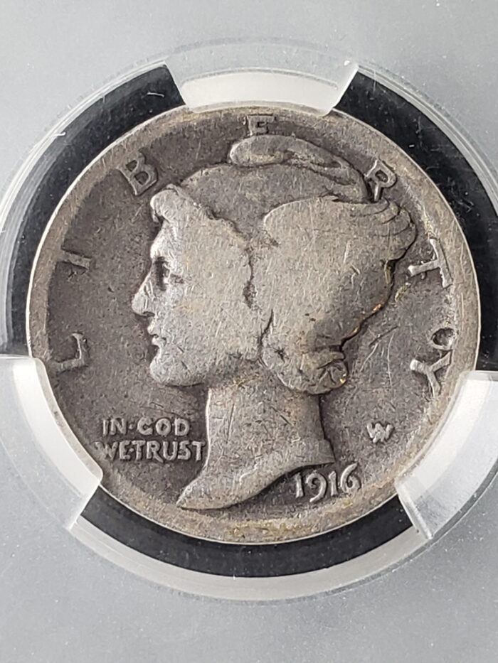 1916 D 10c Winged Liberty Silver Dime CAC G Details Obverse Damage - Image 2