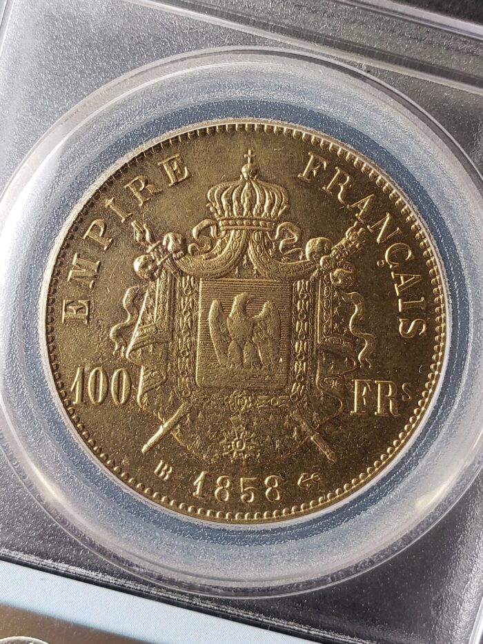 1858 BB France 100 Francs Gold Napoleon III PCGS Genuine Graffiti - Image 3