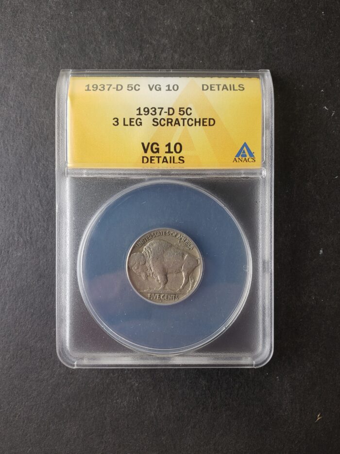 1937 D 5c Buffalo Nickel 3 Legged Variety ANACS VG10 Details Scratched