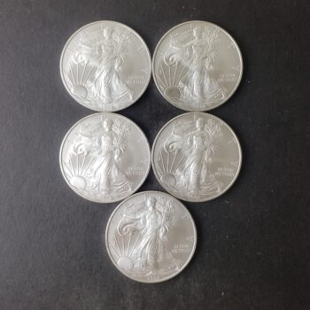 Lot of Five 2008 $1 American Silver Eagle Dollars