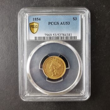1854 $3 Indian Princess Head Three-Dollar Gold Piece PCGS AU53