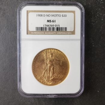 1908 D $20 St. Gaudens Gold Double Eagle No Motto NGC MS61