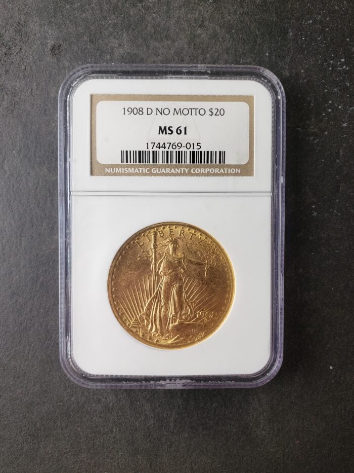 1908 D $20 St. Gaudens Gold Double Eagle No Motto NGC MS61