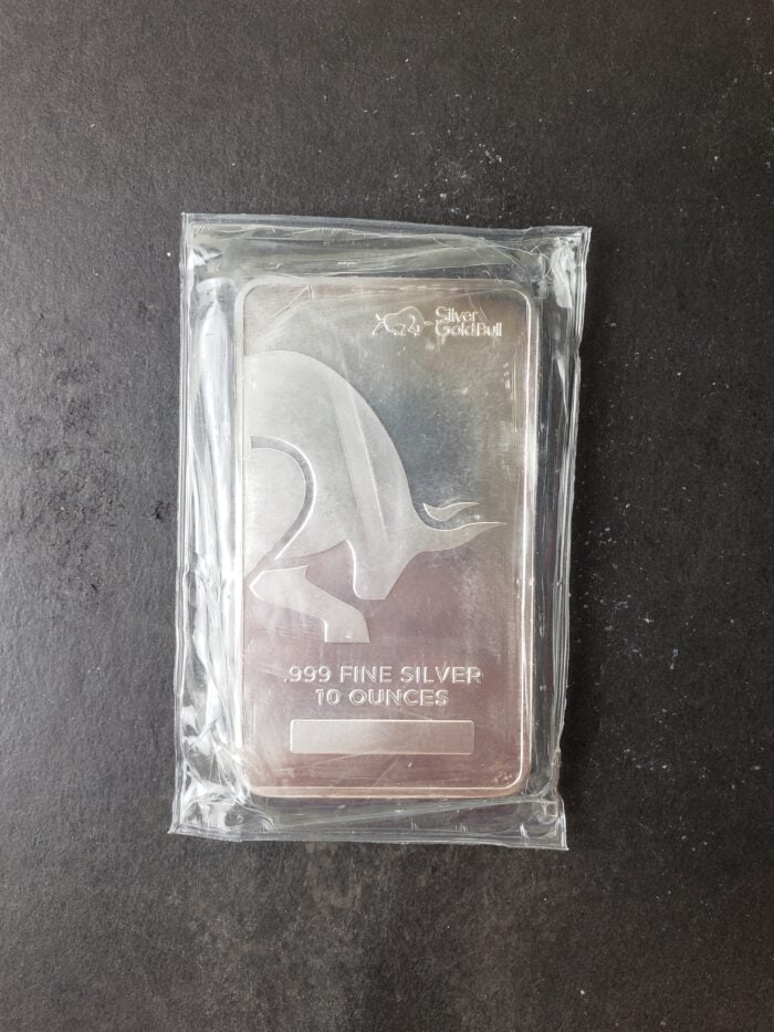 Silver Gold Bull 10oz Silver Bar in Plastic at $1/oz Over Spot