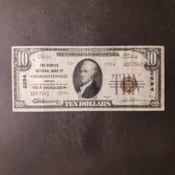 1929 $10 The Peoples National Bank of Charlottesville, VA National Currency Note