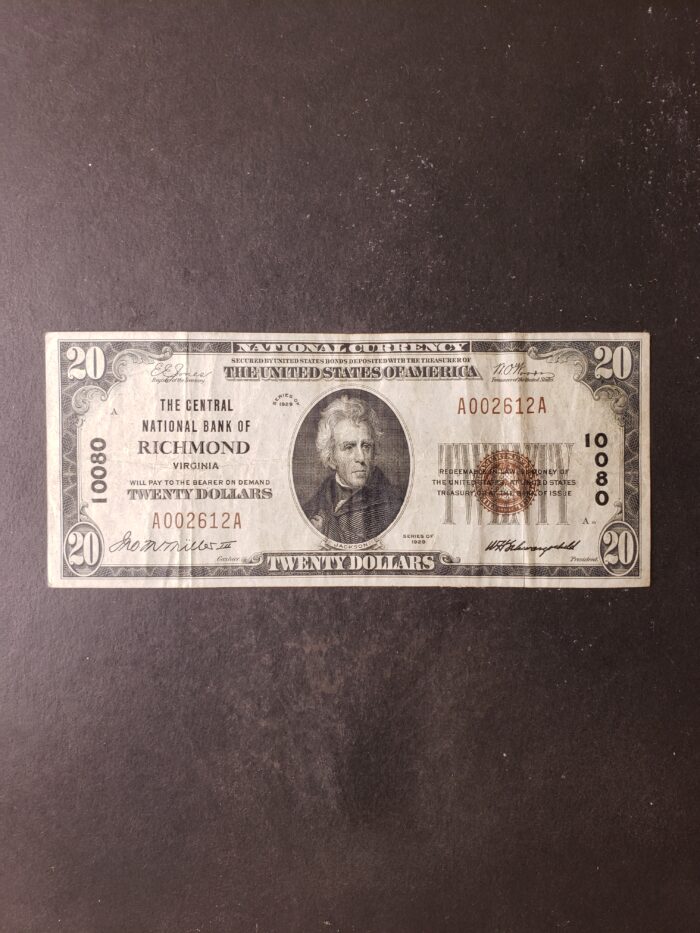 1929 $20 The Central National Bank of Richmond, VA National Currency Note