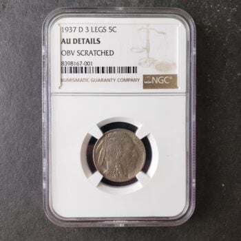 1937 D 5c Buffalo Nickel 3 Legs NGC AU Details Obverse Scratched