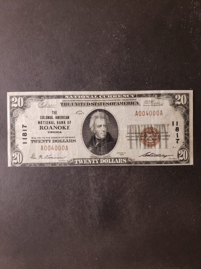 1929 $20 The Colonial-American National Bank of Roanoke VA National Currency Note