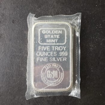 Golden State Mint 5oz Silver Bar in Plastic at 10c/oz Below Spot