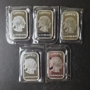 Lot of Five 1oz Silver Buffalo Bars in Plastics at 10c/oz Below Spot