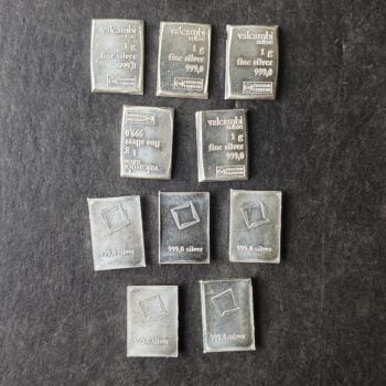 Lot of 10 Valcambi Suisse 1 gram Silver Bars