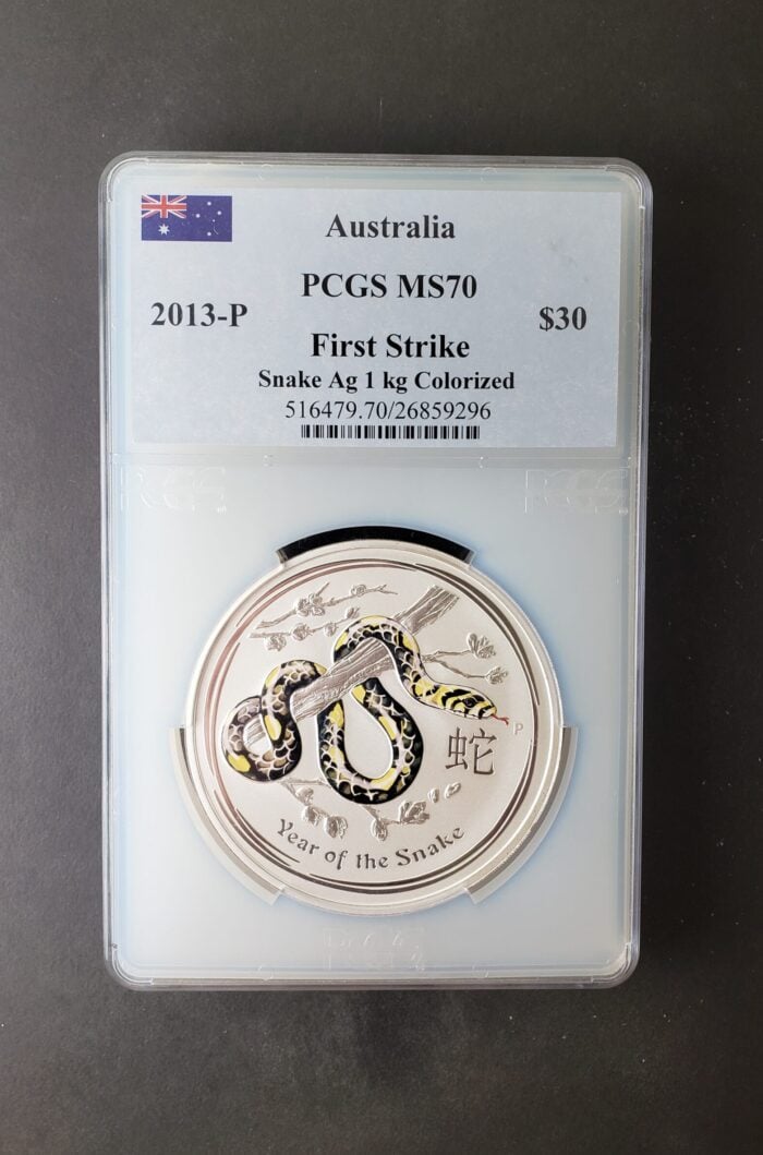 2013 P Australia $30 1 kilogram Silver Year of the Snake Colorized PCGS MS70