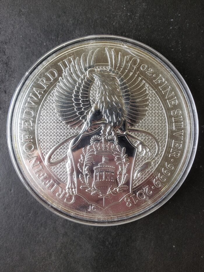 2018 Great Britain 10 Pounds 10oz Silver Griffin of Edward III in a Capsule