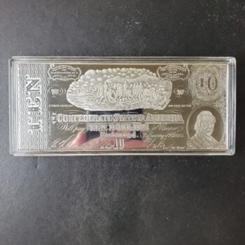 Proof 8oz Silver Bar Fashioned as a Confederate Note in a Capsule at $1/oz Over Spot