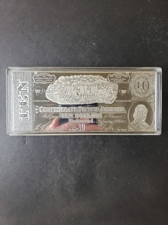 Proof 8oz Silver Bar Fashioned as a Confederate Note in a Capsule at $1/oz Over Spot