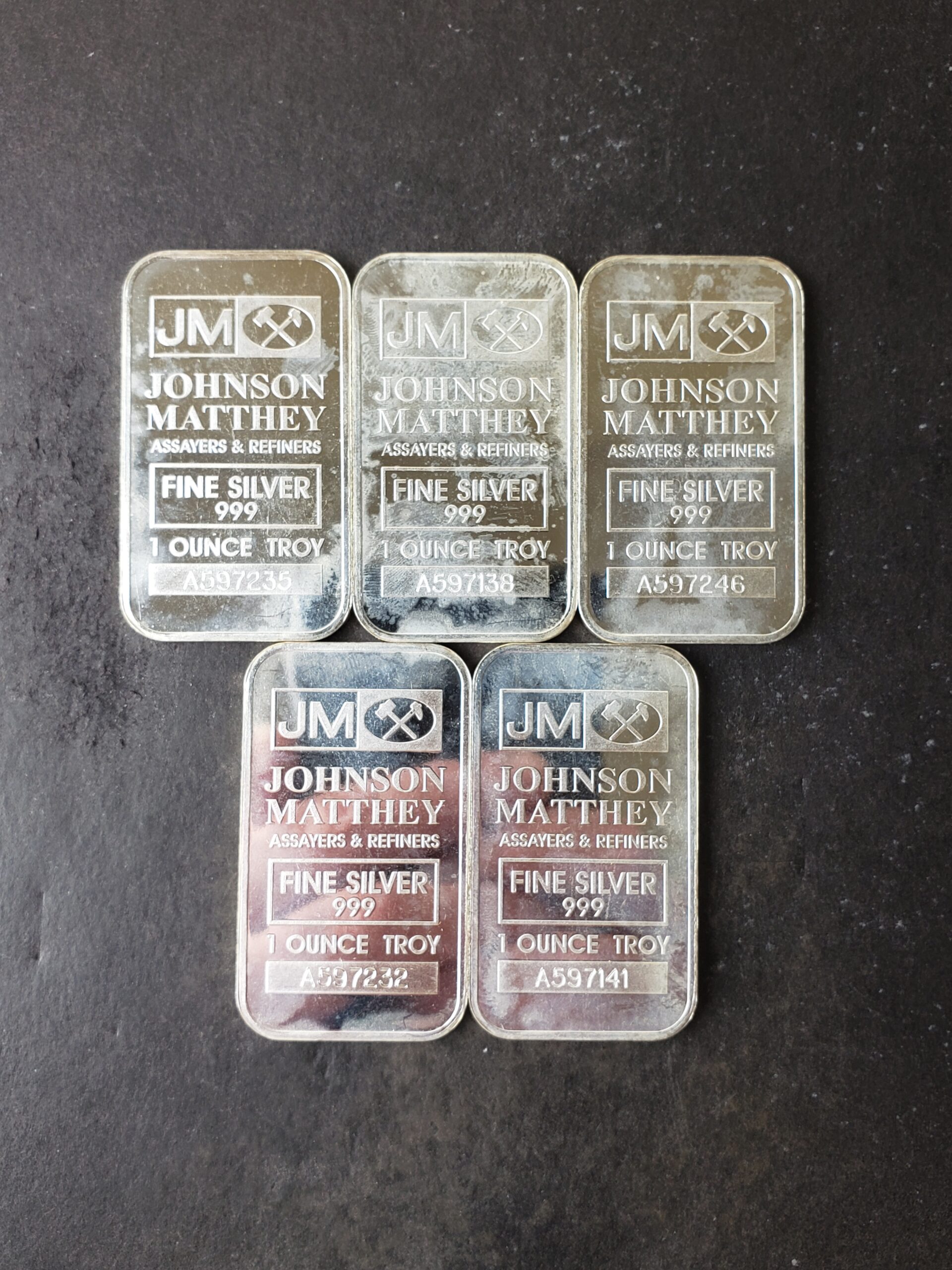 Lot of Five Johnson Matthey 1oz Silver Bars