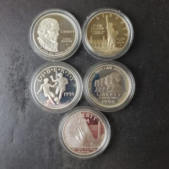 Lot of Five Proof $1 United States Commemorative Silver Dollars at $1/oz Under Spot/Melt