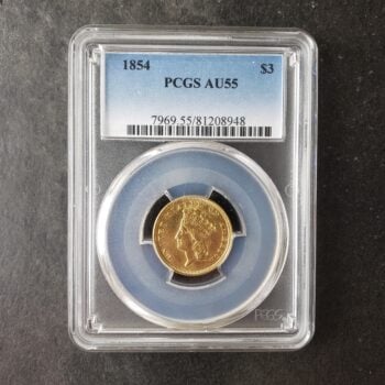 1854 $3 Indian Princess Head Three-Dollar Gold Piece PCGS AU55