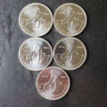Lot of Five 1984 Engelhard 1oz Silver American Prospector Rounds