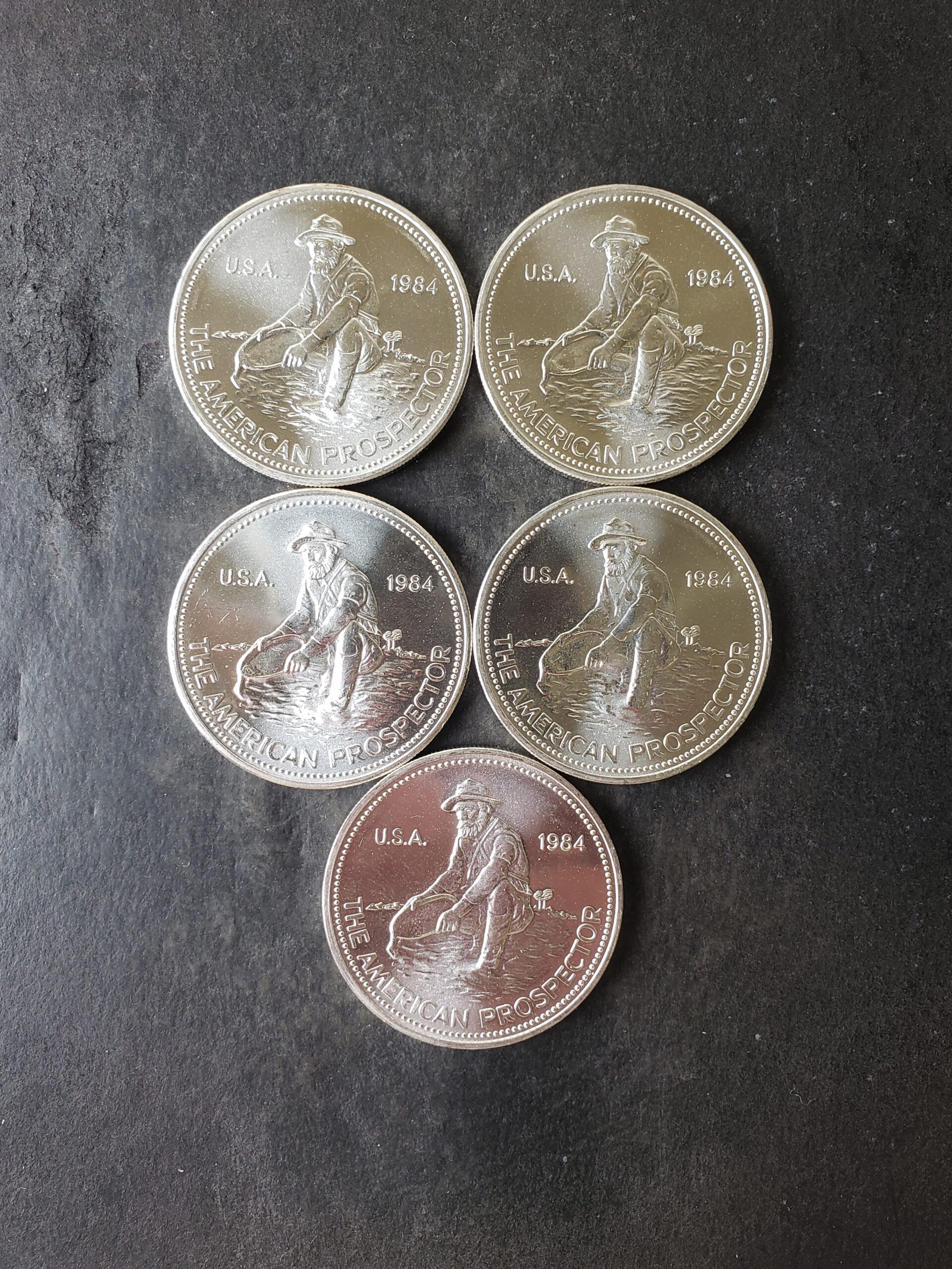Lot of Five 1984 Engelhard 1oz Silver American Prospector Rounds