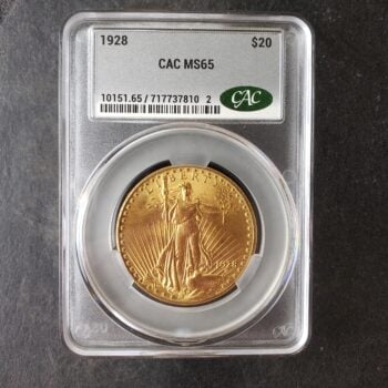 1928 $20 St. Gaudens Gold Double Eagle CAC MS65