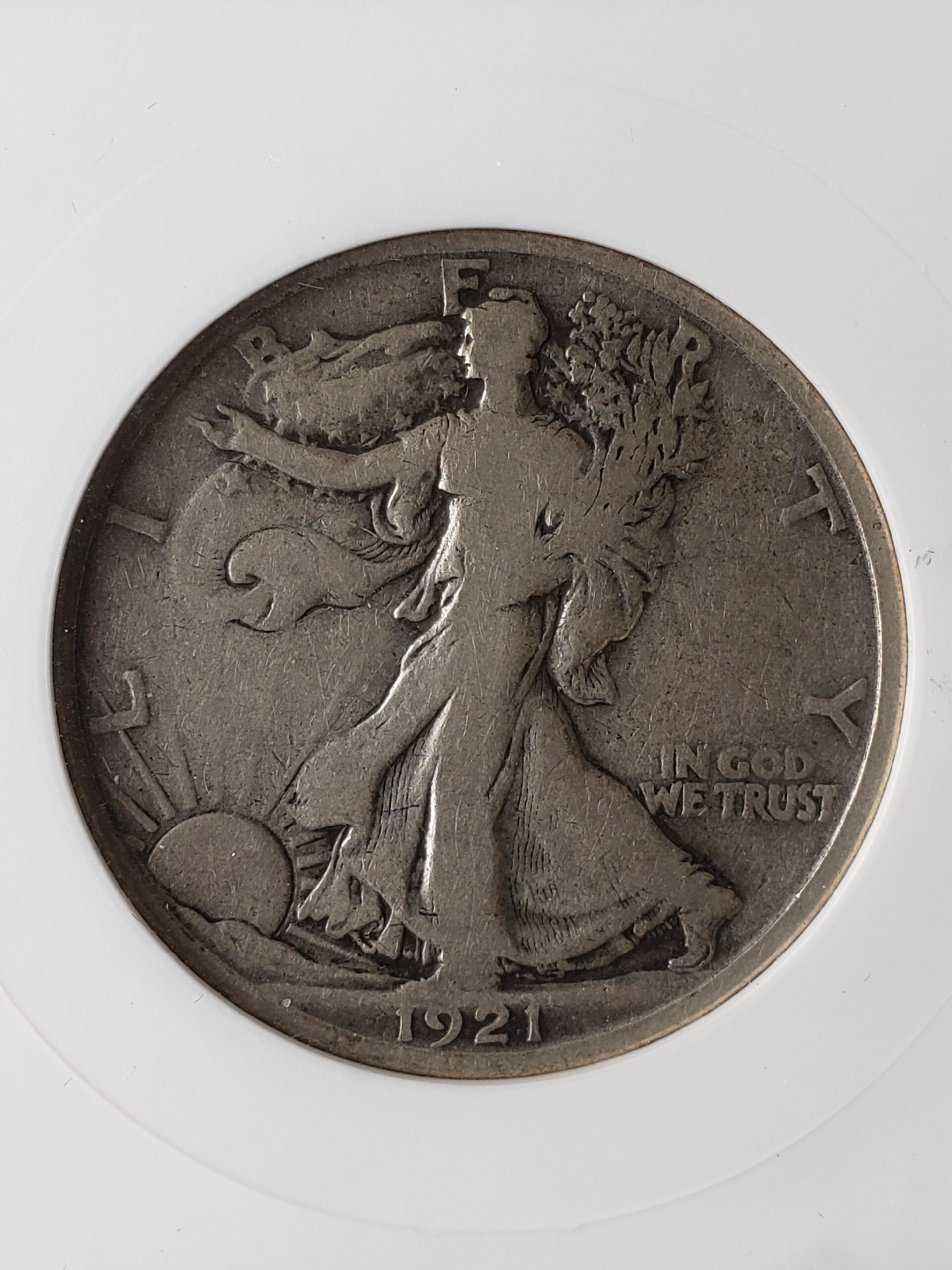 1921 D 50c Walking Liberty Silver Half Dollar ANACS F12