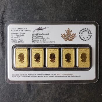 Five Canada $25 1/10oz Gold Bar Coins in Mint Assay Card