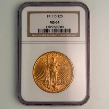 1911 D $20 Gold Saint Gaudens NGC MS64
