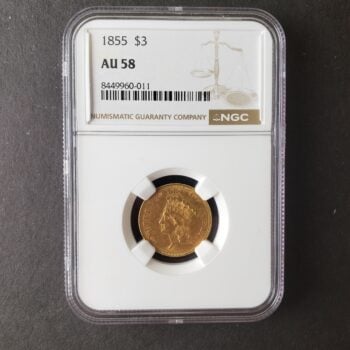 1855 $3 Indian Princess Three-Dollar Gold Piece NGC AU58