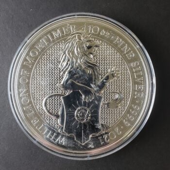 2021 Great Britain 10 Pounds 10oz Silver White Lion of Mortimer Coin in Capsule